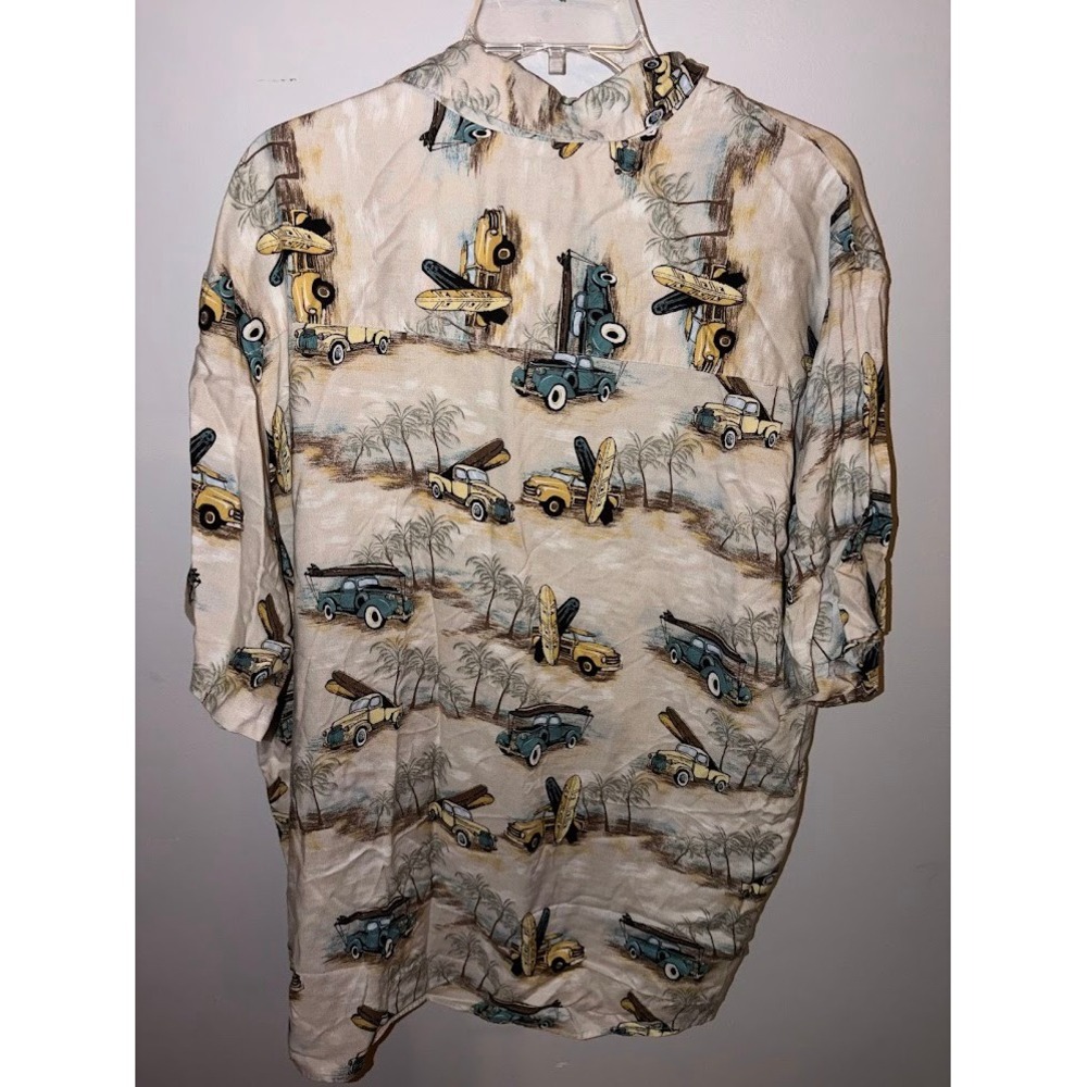Ivy Crew Mens XL Tropical Beach Surf Car Print Viscose Rayon Button Up Shirt Tan - Picture 4 of 4